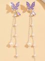 Crystal Butterfly Drop Earrings Women Fashion Pearl Tassel Chain Rhinestone Earring Wedding Jewelry. 