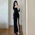 Lucyever Black Spaghetti Strap Women's Dress 2024 Summer Tight Side Split Long Dresses Female Elegant Bodycon Maxi Dress Shapewear.