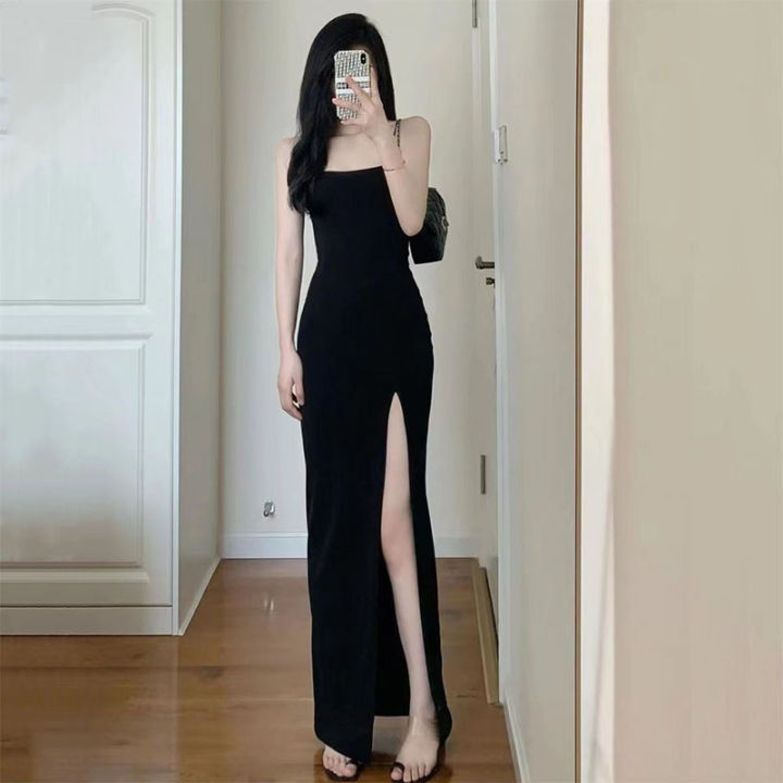 Lucyever Black Spaghetti Strap Women's Dress 2024 Summer Tight Side Split Long Dresses Female Elegant Bodycon Maxi Dress Shapewear