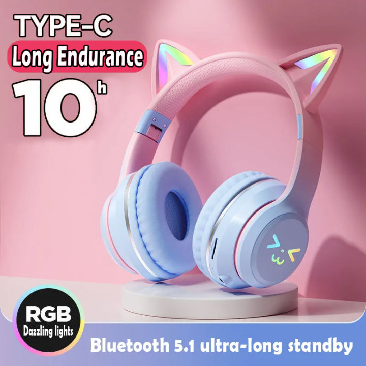Cute Headless Headset 2024 New Wireless Headphones RGB Cute Cat