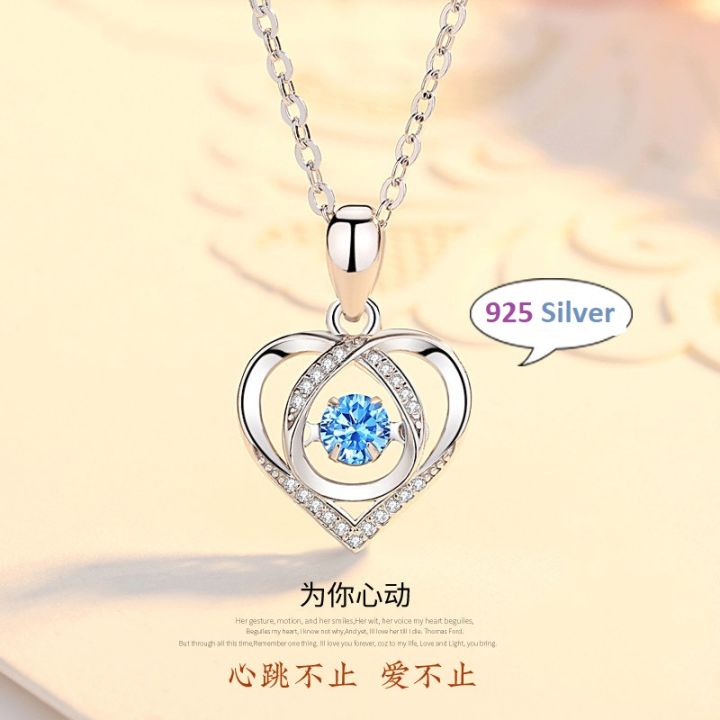 High Quality 925 Silver Blue Heart-Beat Love Neckless for Girls