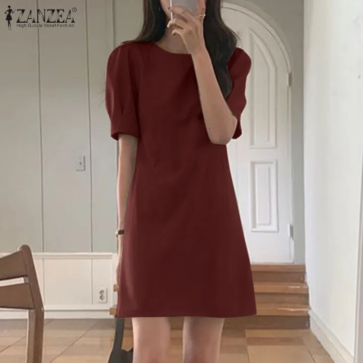 ZANZEA%20Korean%20Style%20Women%20Holiday%20Party%20Solid%20Mini%20Dresses%20Office%20Work%20Puff%20Sleeve%20Sundress%20#10%20-%20Image%203