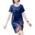 Women Elegant Short-sleeved Dress Round Neck Contrasting Color Printing H Type Dress. 