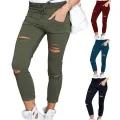 Women Pants Solid Color Simple Drawstring Ripped Spring Leggings for Daily Wear. 