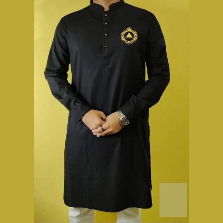 Stylish Semi Long Black Cotton Printed Punjabi for Men Panjabi New Collection For Boys Black Panjabi - Panjabi