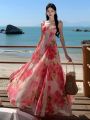 Celebrity Style French Romantic Elegant Rose Printed Beach Dress Elegant Chiffon Seaside Vacation Dress Summer. 