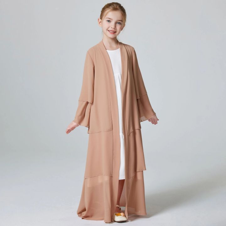 Ramadan Muslim Girls 3 Layered Chiffon Kids Abaya Dress Open Front Abaya Kebaya Outerwear (Without Hijab)