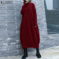 ZANZEA Womens Long Sleeve Mock Neck Casual Loose Midi Dress Kaftan Baggy Dresses #8.