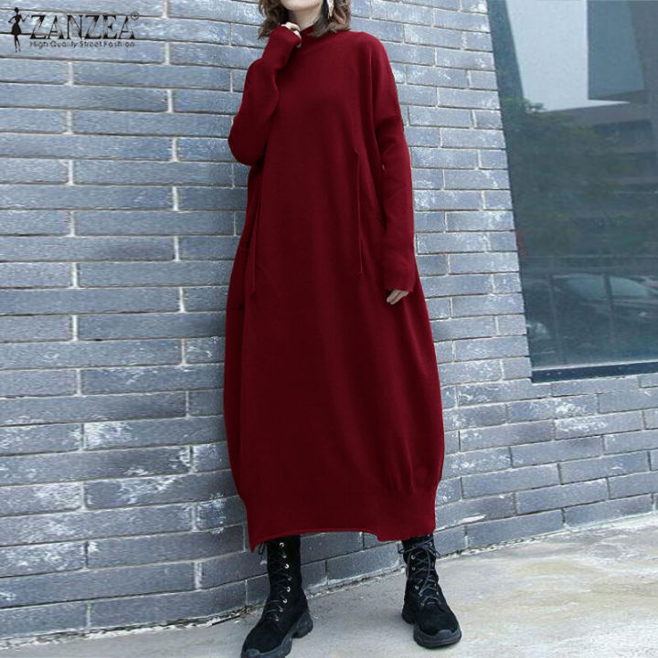 ZANZEA Womens Long Sleeve Mock Neck Casual Loose Midi Dress Kaftan Baggy Dresses #8