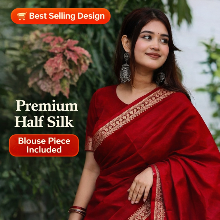 Half Silk Tangail Saree for Women with Blouse Piece – Traditional Red Tangail Saree with Golden Border – Soft Elegant Party & Wedding Wear Saree | DivaDrape
