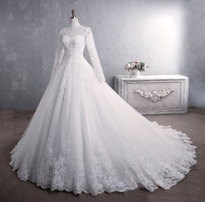 Muslim Wedding Dress 2022 Elegant High Neck With Train Princess