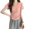 Design Sense Small Shoulder Short Sleeve T T-shirt Women's Summer New Korean Drawstring Short Hot Girl Unique Chic Top.
