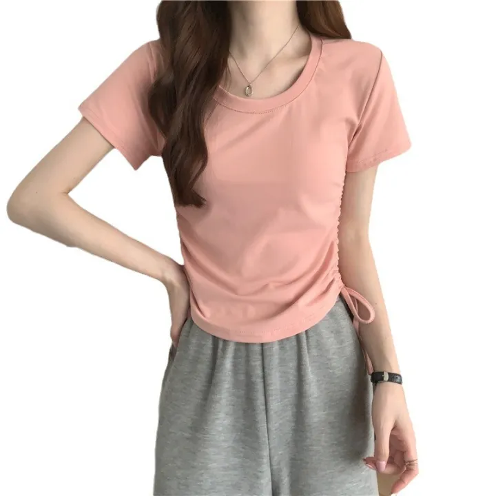 Design%20Sense%20Small%20Shoulder%20Short%20Sleeve%20T%20T-shirt%20Women's%20Summer%20New%20Korean%20Drawstring%20Short%20Hot%20Girl%20Unique%20Chic%20Top%20-%20Image%205