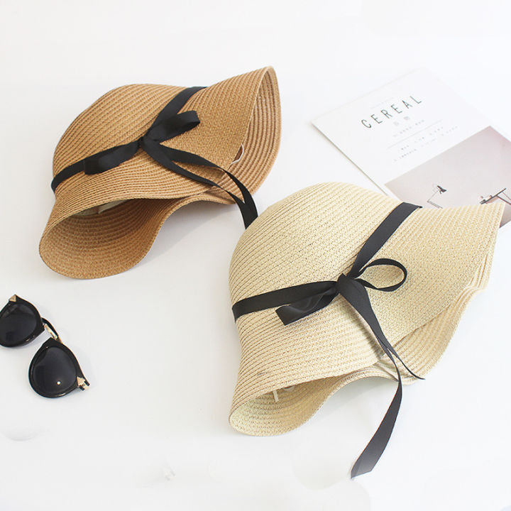 Summer%20women's%20sunshade%20straw%20hat%20black%20ribbon%20bow%20big%20brim%20hat%20Japanese%20adult%20pot%20hat%20women's%20sunscreen%20fold%20-%20Image%204