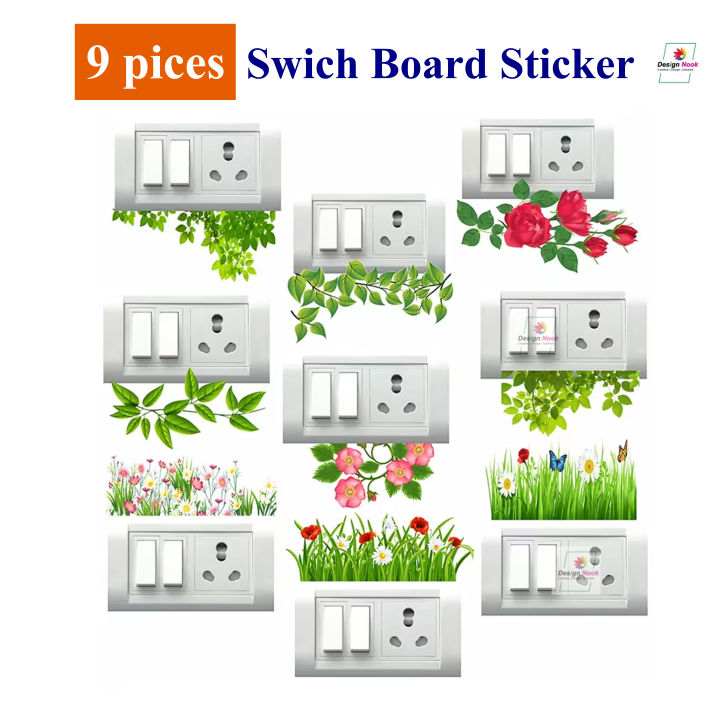 9 piece Transparent Flower & Nature Switch Board Sticker | Clear Vinyl Wall Sticker | Pack of 9