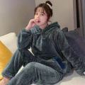 Winter Pajama Sets Women Solid Flannel Soft Sweet Students Lovely Hooded Two-pieces Thicken Plush Cute Couple Sleepwear Fashion. 