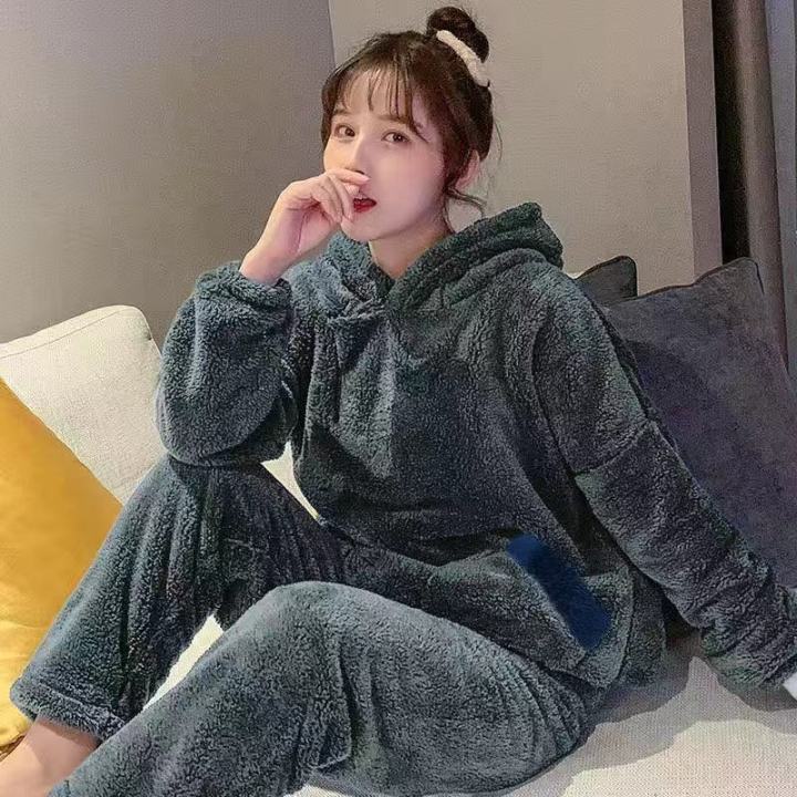 Winter%20Pajama%20Sets%20Women%20Solid%20Flannel%20Soft%20Sweet%20Students%20Lovely%20Hooded%20Two-pieces%20Thicken%20Plush%20Cute%20Couple%20Sleepwear%20Fashion%20-%20Image%202