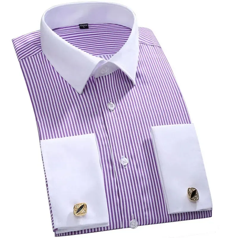 Men's French Cuff Dress Shirt – Long Sleeve Formal Wedding & Event Shirt, Slim Fit With Collar Pin, Broadcloth Solid Color