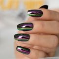 Short Midi Coffin Nails Chrome Mirror Nails Set Metallic Press On Nails Medium Length Bead Luster Shiny Rainbow Nail Tips. 