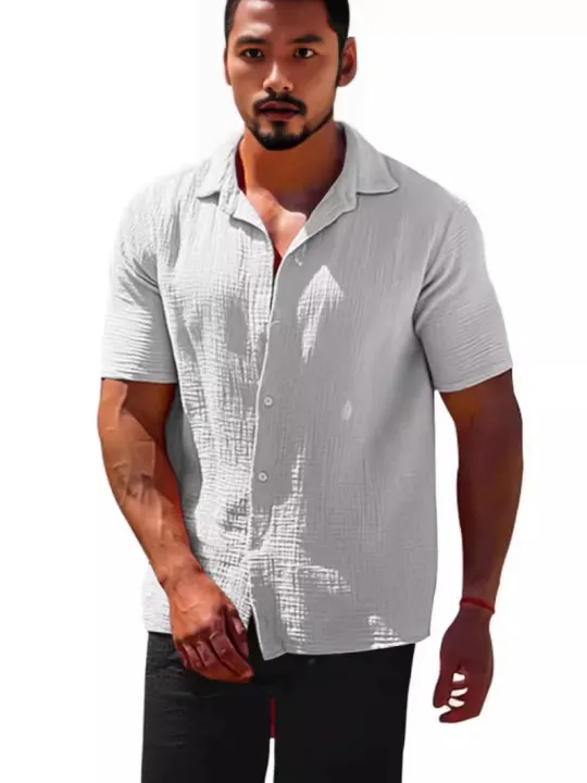 2024%20Summer%20Hot%20Selling%20Lapel%20Solid%20Color%20Short%20Sleeve%20Button%20Loose%20Breathable%20Sweat%20Absorption%20Men%20Casual%20Shirt%20Men%20-%20Image%203