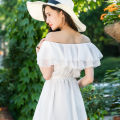 Women's Summer Beach Style Chiffon White Long Dress Lady Graceful Fairy Layers Ruffles Off-Shoulder Dresses Evening Party Gown.