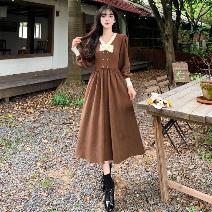 Women sweet elegant long-sleeved corduroy dress autumn