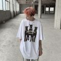 【Flash sale】 100%Cotton West Coast Fashion Doberman Short SleeveTT-shirt Men's Hound Printed High Street Retro Loose. 