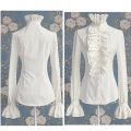 Fashion Autumn Tops Victorian Womens Tops Ruffles Long Sleeve Frill Solid Color OL Office Shirt Frilly Cuffs High Neck Blouse.