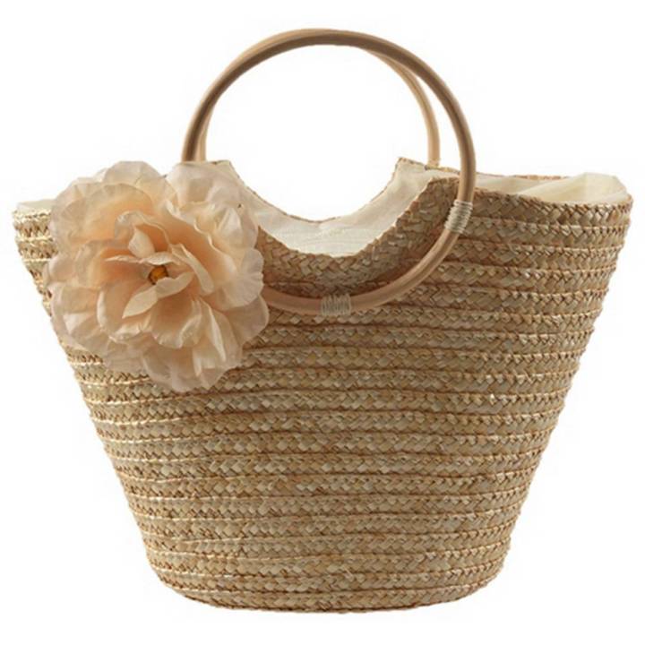 Women's Straw Handbag Flower Woven Summer Beach Messenger Tote Bag Basket Shopper Purse