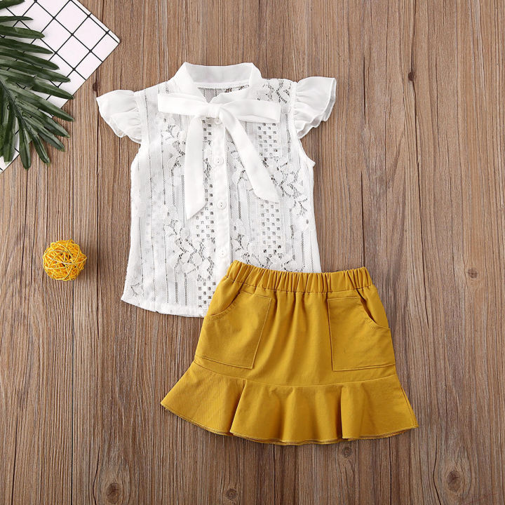 (New) baby girl pageant lace T-shirt White top & Tutu yellow skirt party outfits clothes 2PCs set