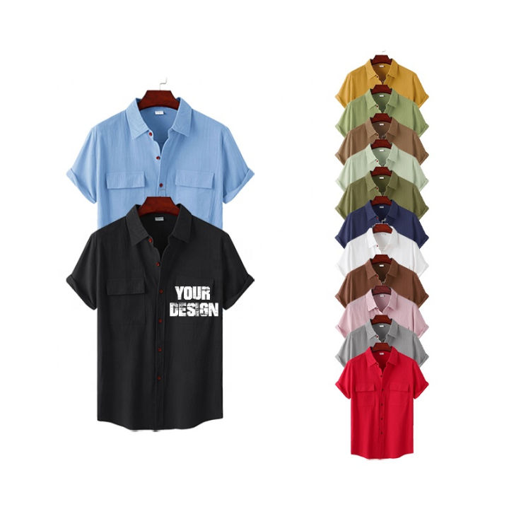 Mens Solid Cotton Linen Fashion Stripe Print Casual Shirt Plus Size Beach Shirt