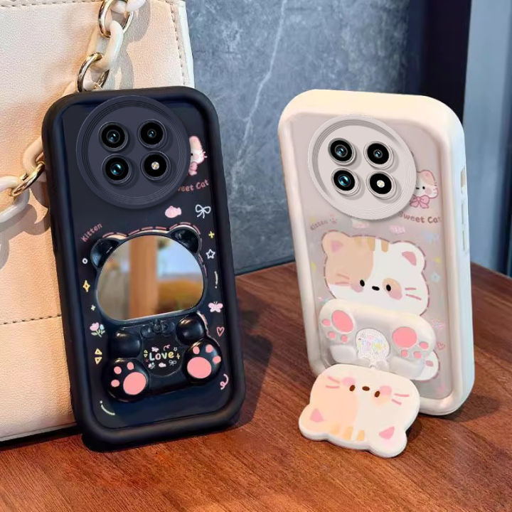 Case for realme 13 14 15 pro plus 5g 13 pro 5g phone casing back cover Softcase Silicone shockproof Cover new design aesthetic cute cat with makeup mirror holder for girls JTMMZJ9