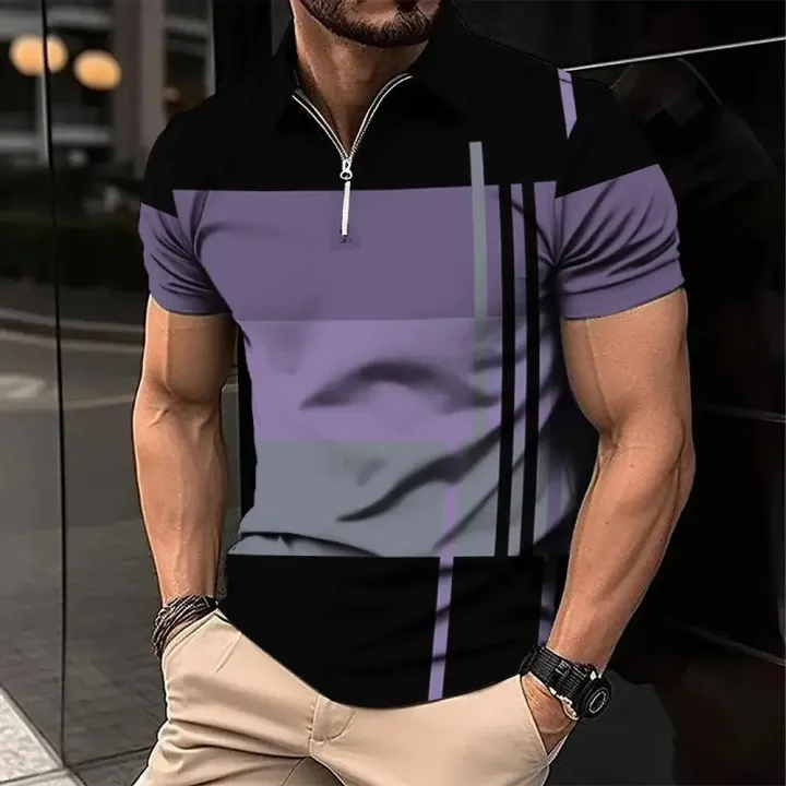 Men's%20Zip%20Polo%20Shirt%203d%20Stripe%20Print%20Fashion%20Clothing%20Summer%20Business%20Casual%20T-Shirt%20Mens%20Polo%20Shirt%20Zip%20Short%20Sleeve%20Street%20Top%20-%20Image%203