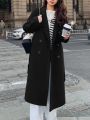 Korean Fashion Women Casual Loose Woolen Coat Elegant and Chic Solid Outerwear Long Overcoat with Belted Female Warm Cloak. 