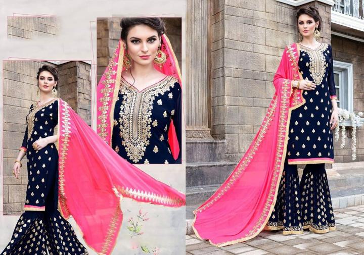 Unstitched Navy Blue Georgette Embroidery Shalwar Kameez