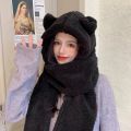 Harajuku Cute Bear Ear Scarf Hijab Hat Gloves Female One-piece Cap Winter Warm Plush Shield Streetwear Ladies Accessories. 