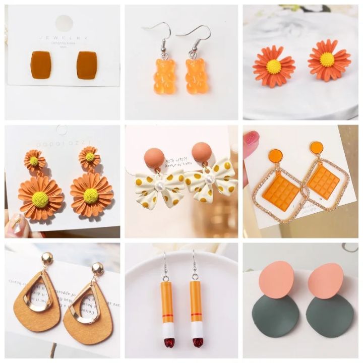Orange Color Women Dangle Earrings Korean New Drop Earrings for Girls Hollow Geometric Daisy Summer Vacation Ear Jewelry