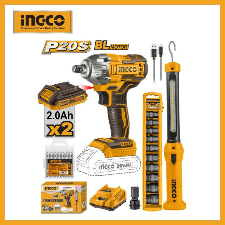 INGCO Cordless 2 Pcs Combo Kit Including 1pcs 20V 300Nm Brushless Lithium-ion Impact Wrench(CIWLI2038) ,1pcs Work Lamp,2 Pcs 2.0Ah Battery Pack,1 Pcs Charger and  Accessories(HWLI35261)