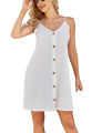 Ladies Dresses Women Casual Rayon V Neck Spaghetti Strap Button Up Plain Short Dress.