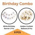 Happy Birthday White Card Banner With Golden Confetti Balloons for Birthday Decoration- (Pack of 9 Pcs).
