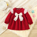 (0-3 Years Old Girls) Autumn/Winter New Girls Dress Bow Ribbon Small Flying Sleeve Round Neck Sweet Princess Dress Solid Color Birthday Party Team Dress. 