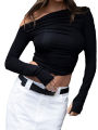 Women Ruched Off-shoulder T-shirt Casual Solid Color Long Sleeve Cropped Tops Streetwear Clubwear.