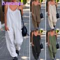 V-neck Sleeveless Jumpsuit Ladies Jumpsuit Women Sling V-neck Sleeveless Big Pockets Wide Leg Solid Color Thin Playsuit Bib Overall Streetwear Loose Jumpsuit. 