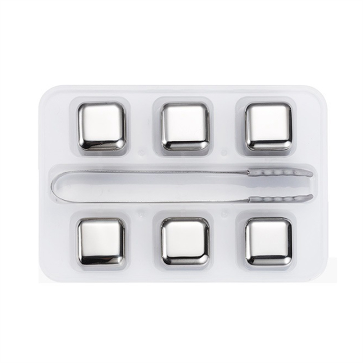 6Pcs Stainless Steel Ice-Cubes Set Reusable Chilling Stones Wine Cooling Chilling Rock Bar Tool for Whiskey Wine