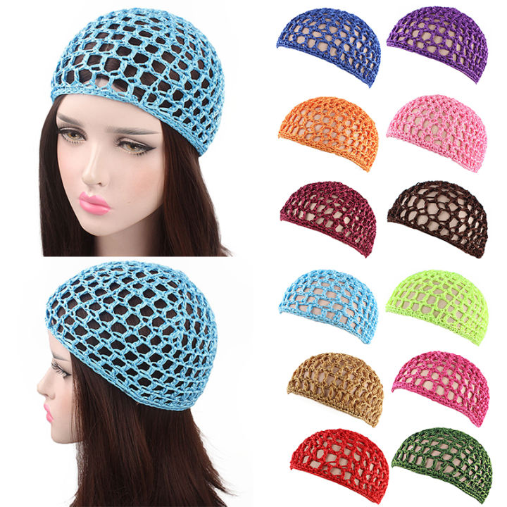 Womens Mesh Hair Net Crochet Cap Solid Color Snood Sleeping Night Cover Turban
