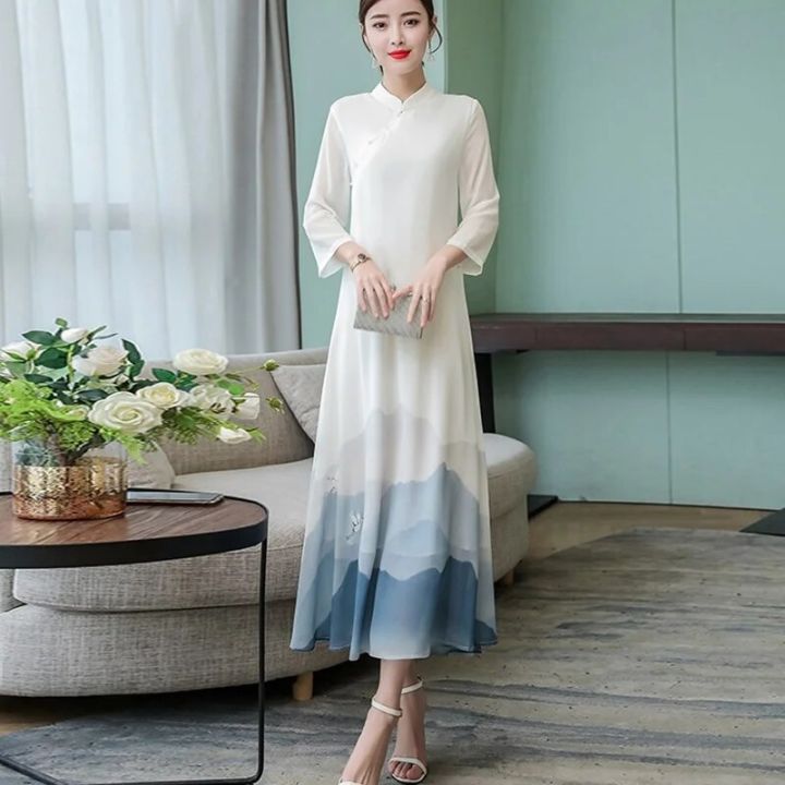 Slim Vintage Long Qipao Hanfu Women Chinese Traditional Dress Cheongsam Robe Orientale Vestido Chino Mujer Modern Clothes TA1679