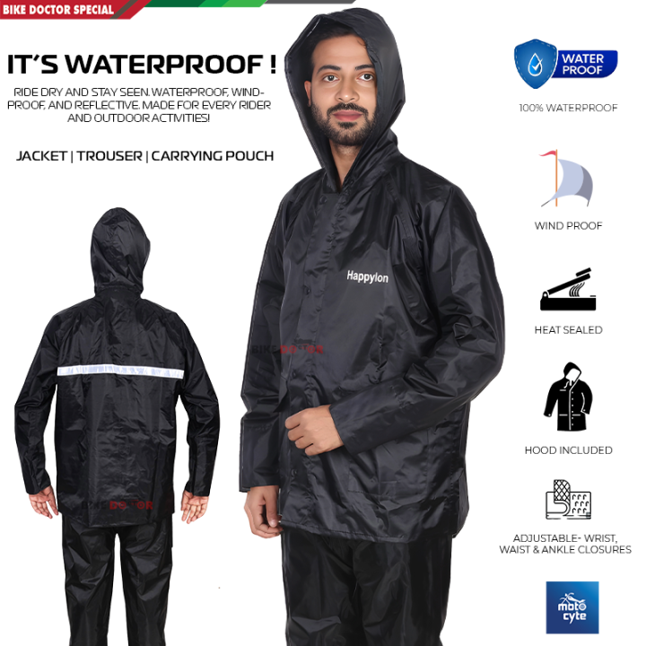 Full Waterproof Reflective Heavy Motorcycle Raincoat Rain suit with Trouser - Black (1 Set) Free Size