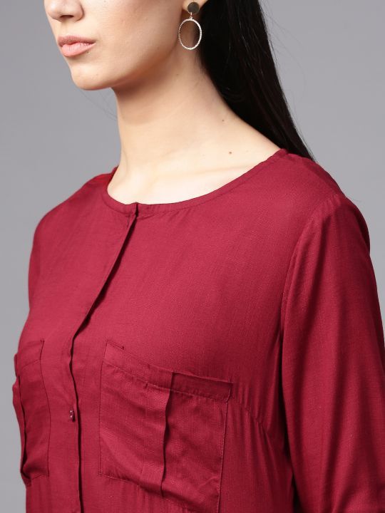"Maroon%20Linen%20Stylish%20and%20Fashionable%20Casual%20Ready%20Made%20Kurti%20for%20Women%20(Tailor%20Made)%20-%20maroon_pocket"%20-%20Image%203
