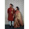 Exclusive Designer Block Print Half Silk Saree & Dhupian Silk Panjabi Combo For Couple Stylesh & fashionable best couple dress for man and women.