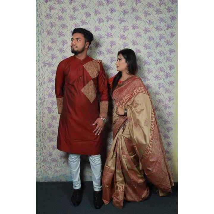 Exclusive Designer Block Print Half Silk Saree & Dhupian Silk Panjabi Combo For Couple Stylesh & fashionable best couple dress for man and women